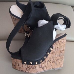 Shoe Dazzle Sarahh Black Cork Wedge Sandals with Gold Stud Detail Size: 6.5